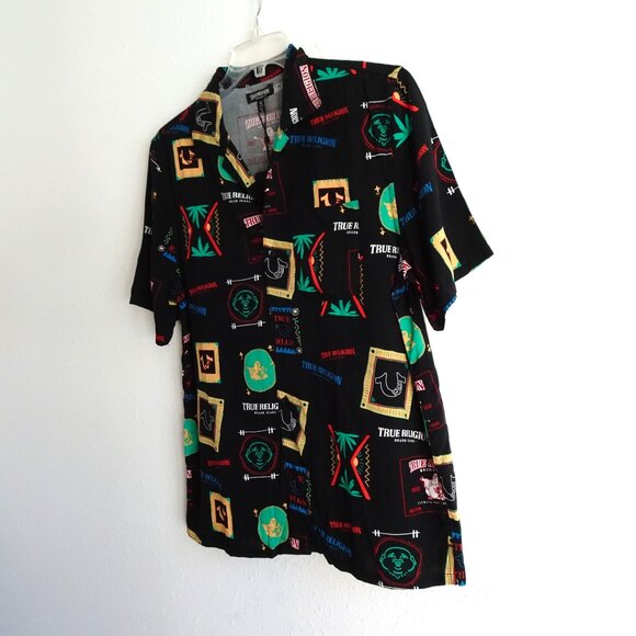 True Religion Button Up Shirt Men's Size M Black Resort Print Resortwear Camp - Picture 3 of 8